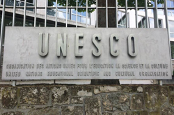 UNESCO sign outside the headquarters in Paris.